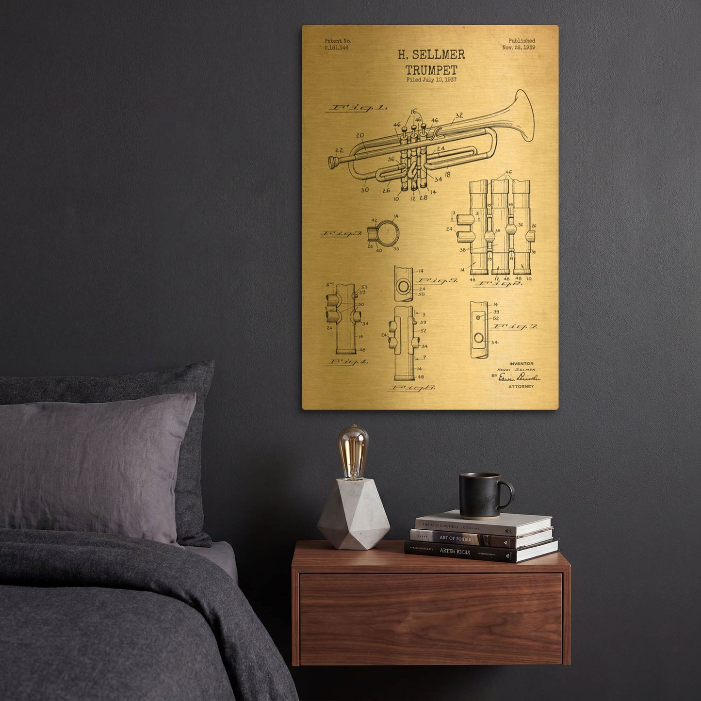 'Trumpet Blueprint Patent Parchment' By LUXE Gold Metal Wall Art