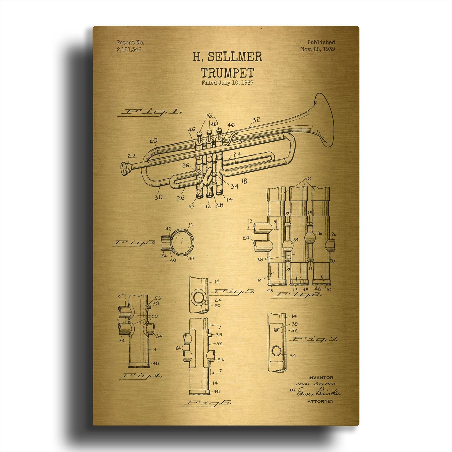 'Trumpet Blueprint Patent Parchment' By LUXE Gold Metal Wall Art