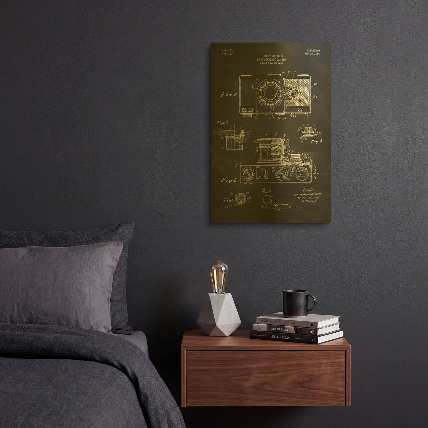 'Camera, 1936 Blueprint Patent Chalkboard' By LUXE Gold Metal Wall Art