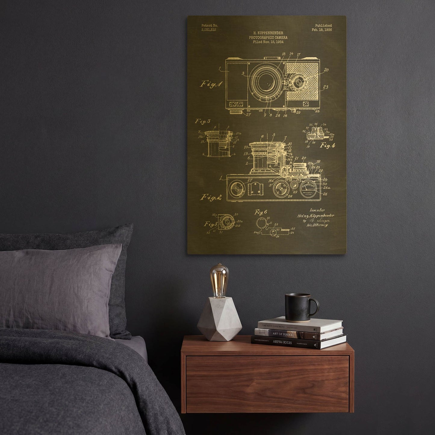 'Camera, 1936 Blueprint Patent Chalkboard' By LUXE Gold Metal Wall Art