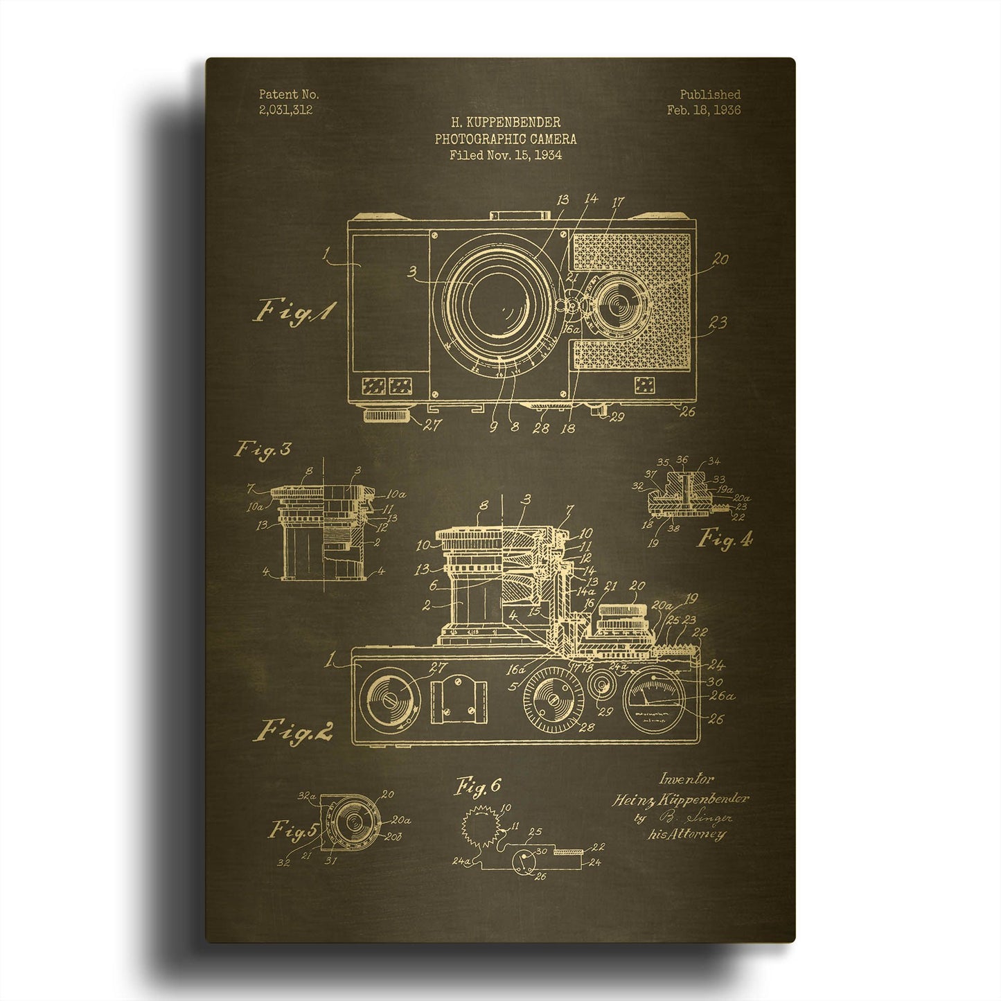 'Camera, 1936 Blueprint Patent Chalkboard' By LUXE Gold Metal Wall Art