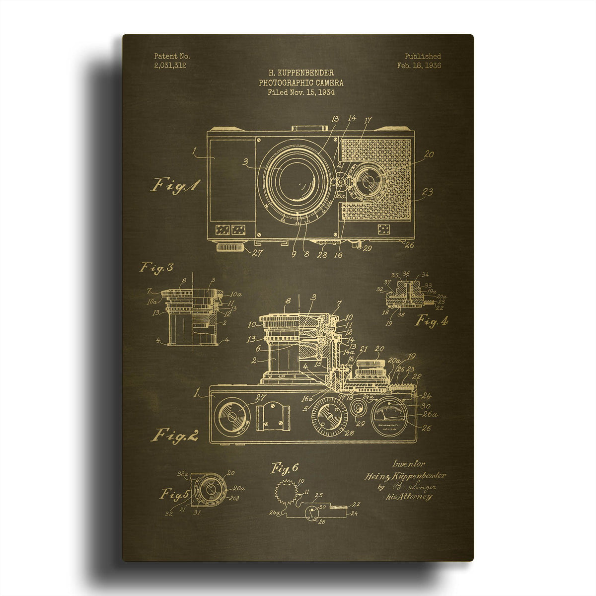 'Camera, 1936 Blueprint Patent Chalkboard' By LUXE Gold Metal Wall Art