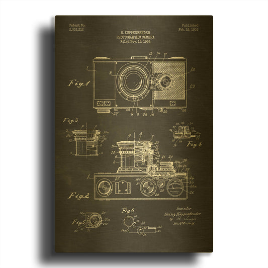 'Camera, 1936 Blueprint Patent Chalkboard' By LUXE Gold Metal Wall Art