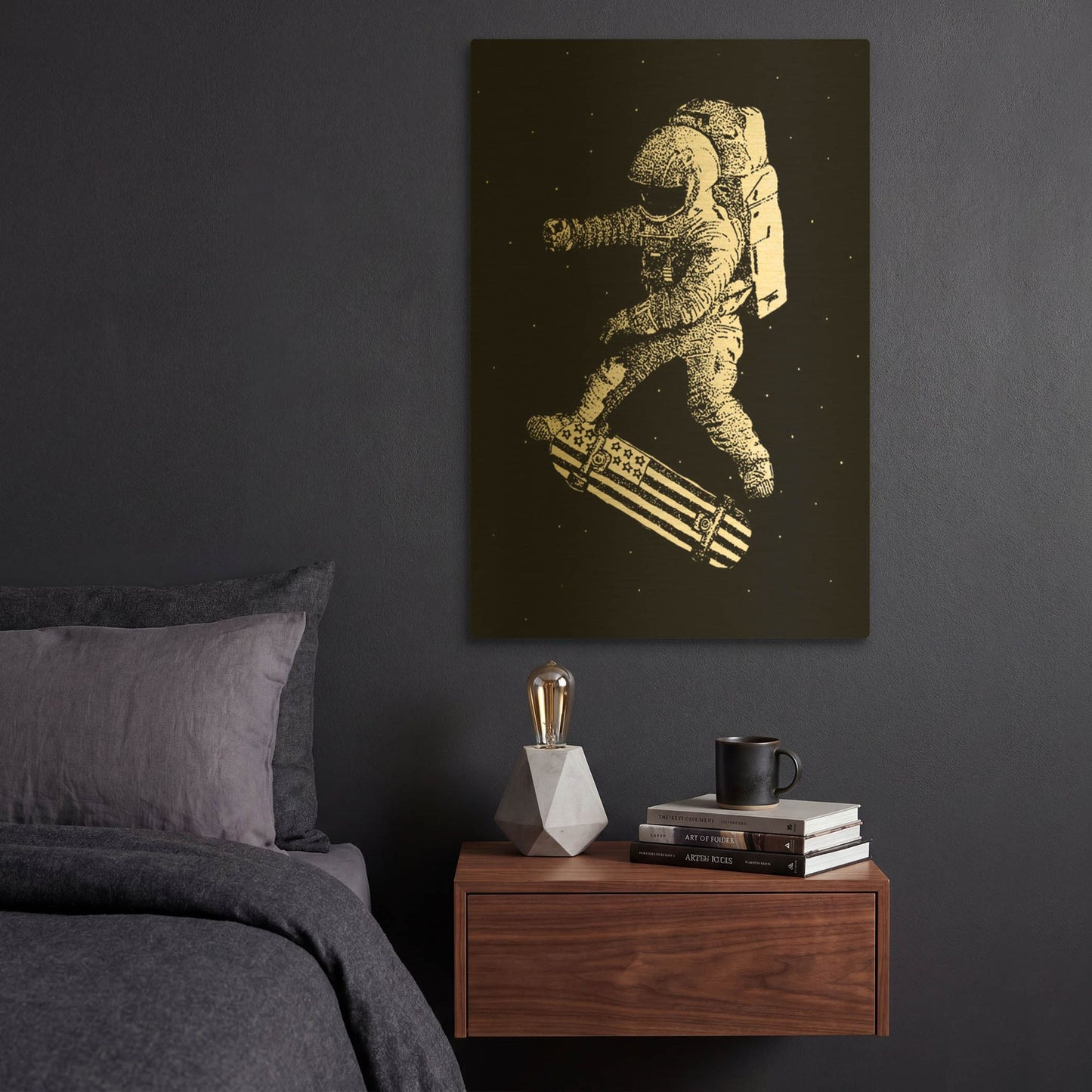 'Kickflip in Space' By Robert Farkas Gold Metal Wall Art