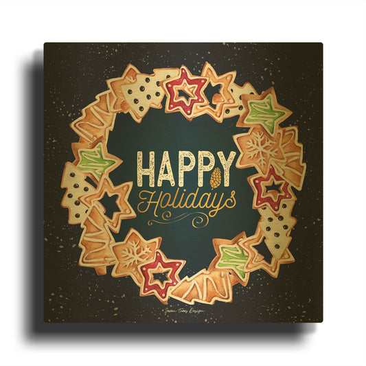 'Gingerbread Happy Holidays Wreath' By Seven Trees Design Gold Metal Wall Art