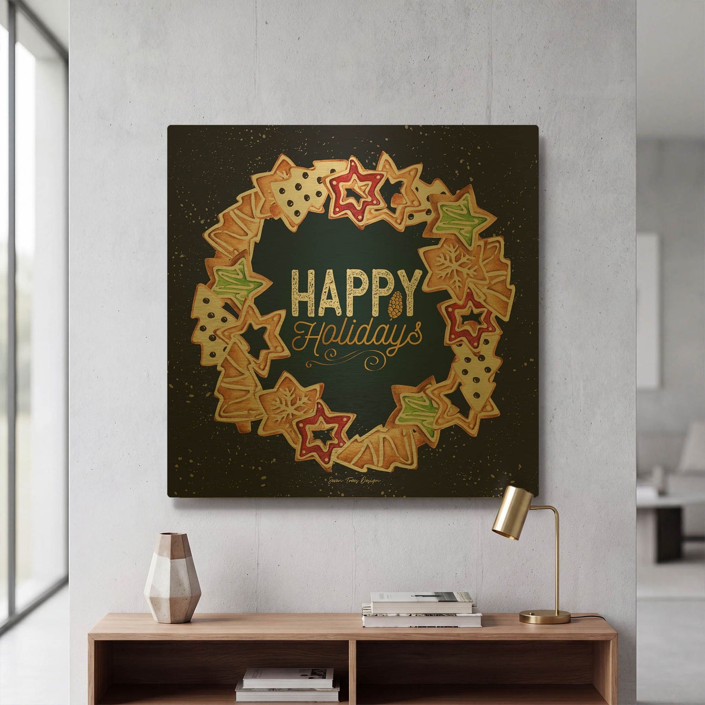 'Gingerbread Happy Holidays Wreath' By Seven Trees Design Gold Metal Wall Art