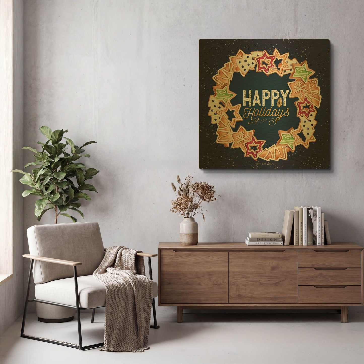 'Gingerbread Happy Holidays Wreath' By Seven Trees Design Gold Metal Wall Art