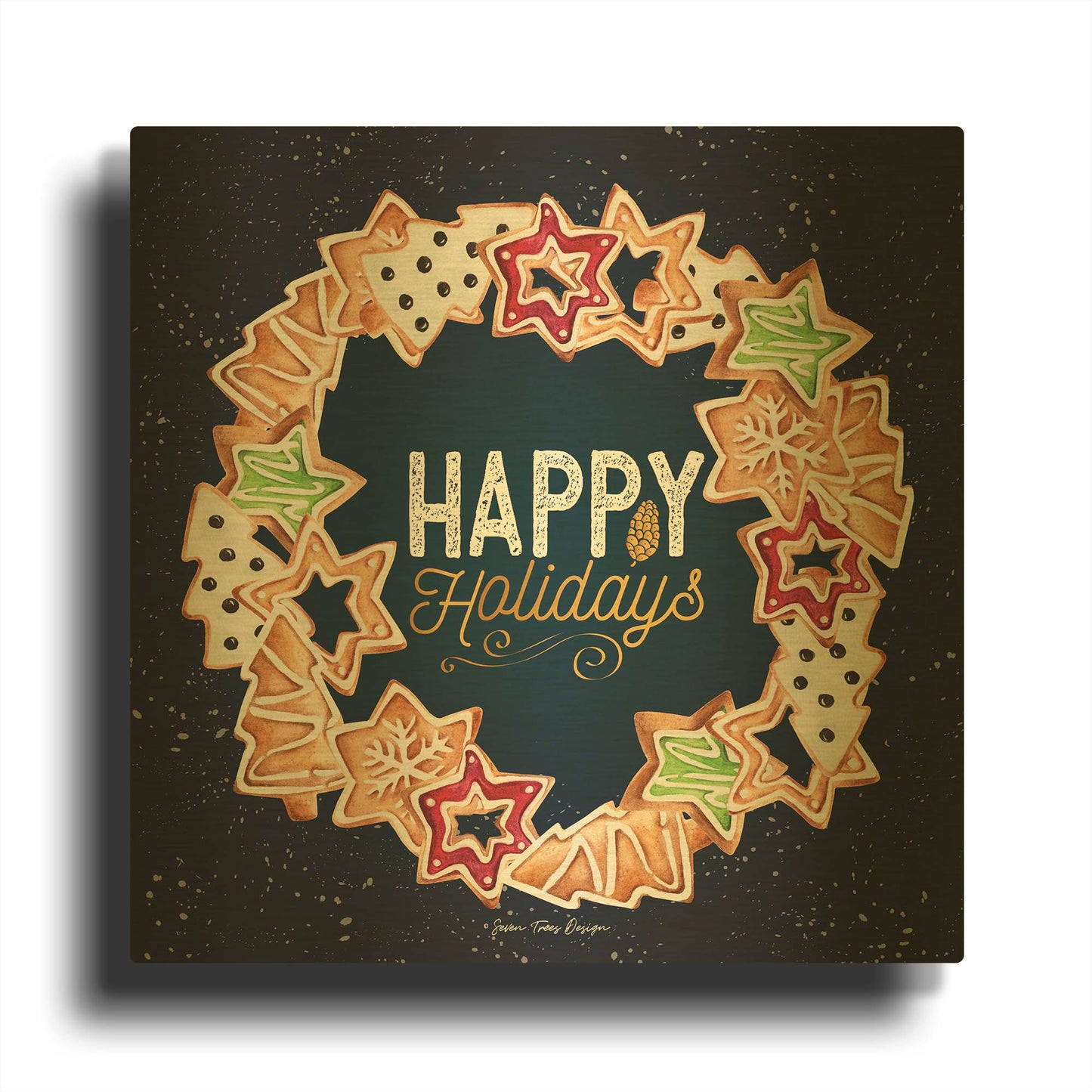 'Gingerbread Happy Holidays Wreath' By Seven Trees Design Gold Metal Wall Art