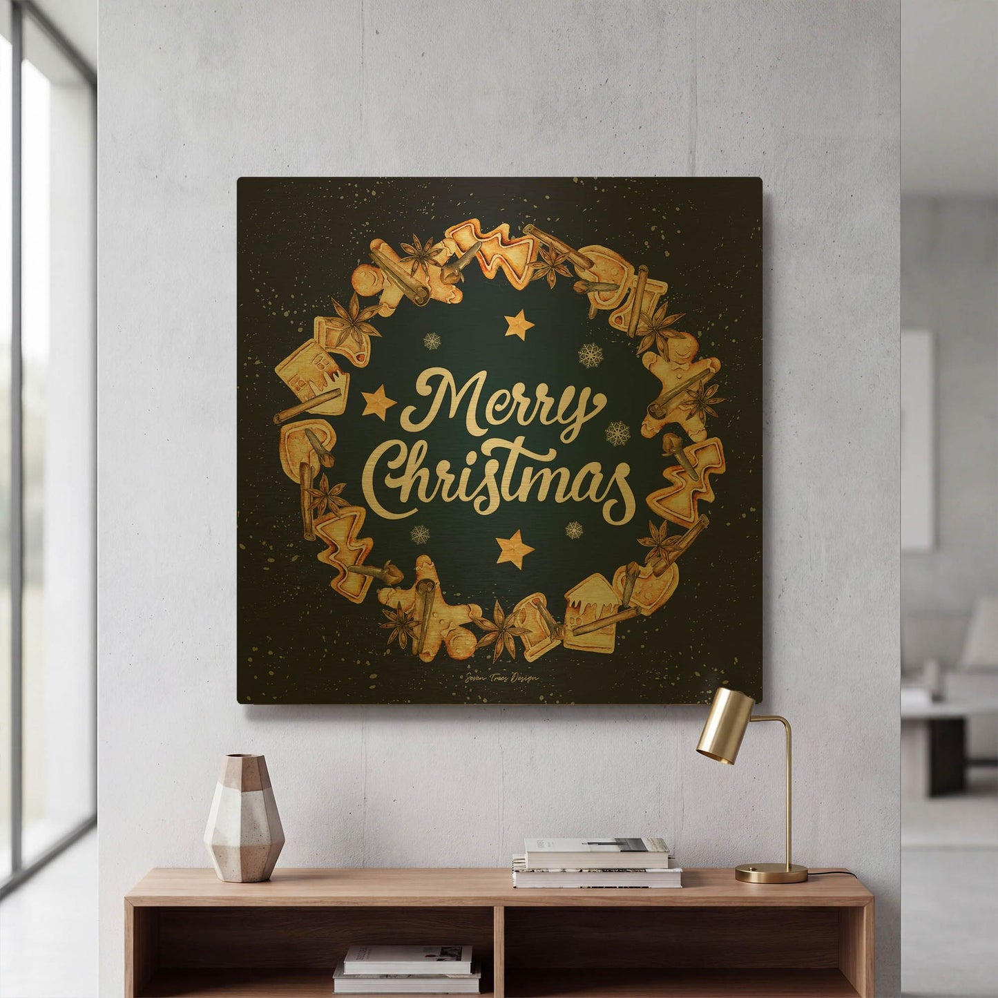'Gingerbread Merry Christmas Wreath' By Seven Trees Design Gold Metal Wall Art
