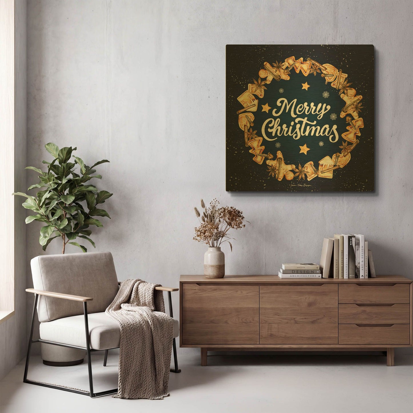 'Gingerbread Merry Christmas Wreath' By Seven Trees Design Gold Metal Wall Art
