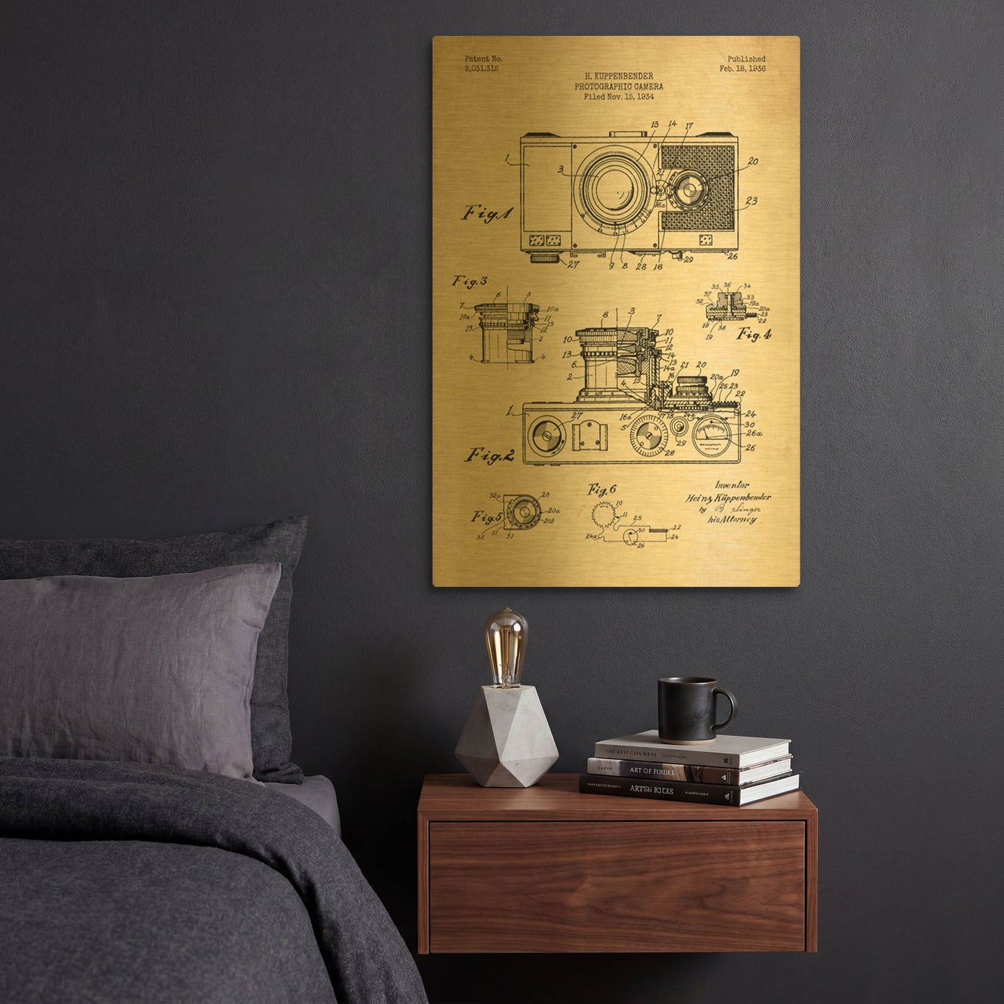 'Camera, 1936 Blueprint Patent Parchment' By LUXE Gold Metal Wall Art
