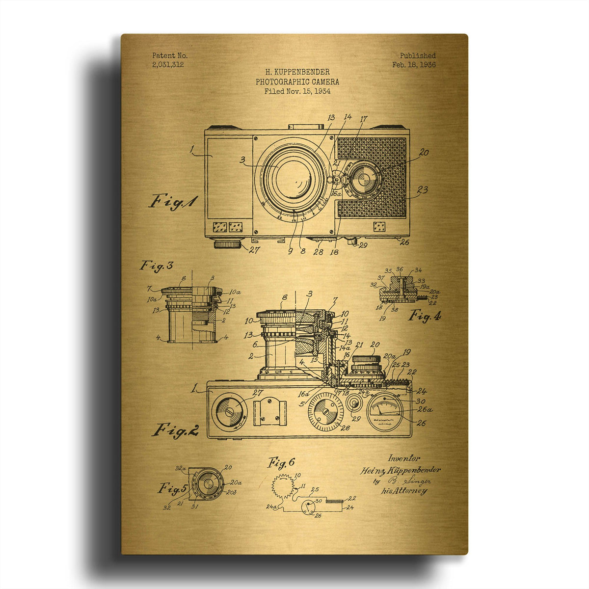 'Camera, 1936 Blueprint Patent Parchment' By LUXE Gold Metal Wall Art