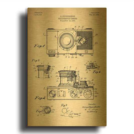 'Camera, 1936 Blueprint Patent Parchment' By LUXE Gold Metal Wall Art