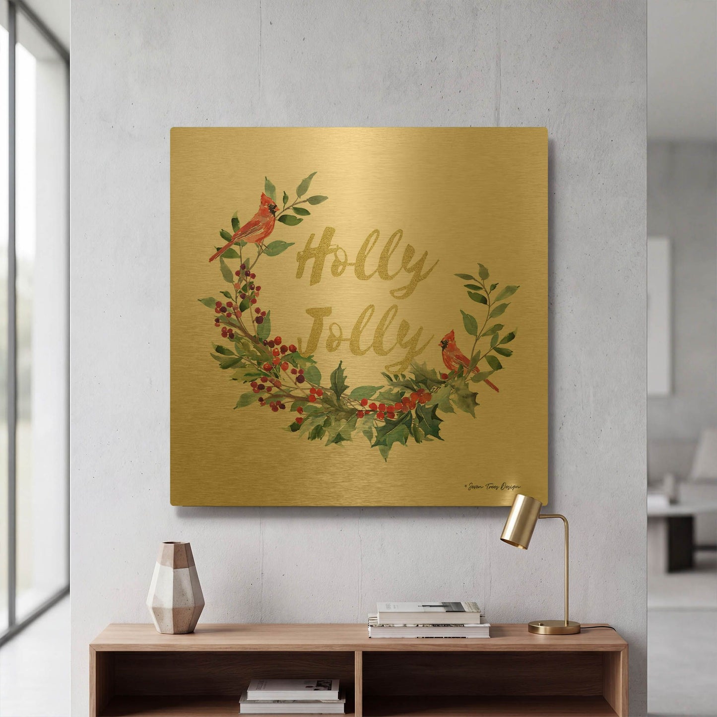 'Holly Jolly Cardinal Wreath' By Seven Trees Design Gold Metal Wall Art