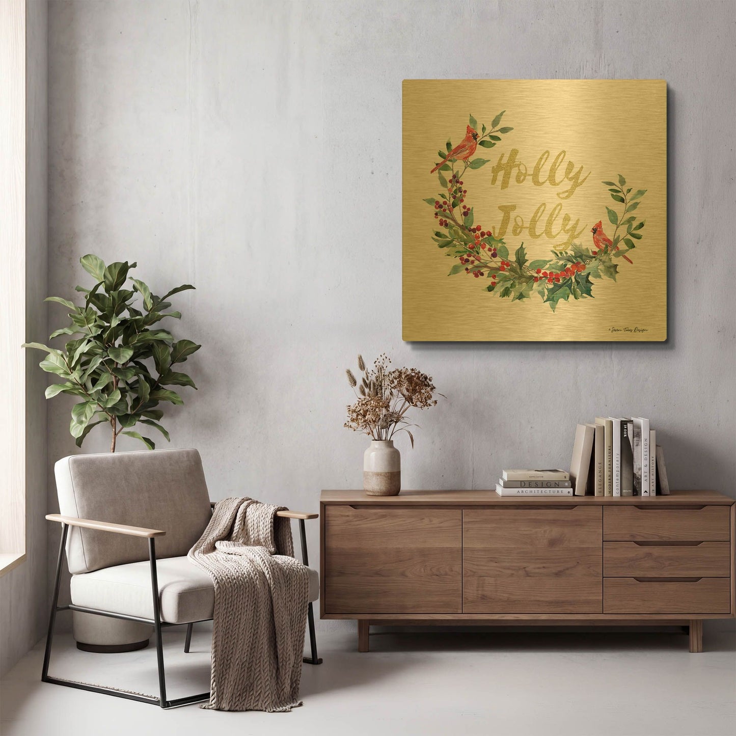 'Holly Jolly Cardinal Wreath' By Seven Trees Design Gold Metal Wall Art