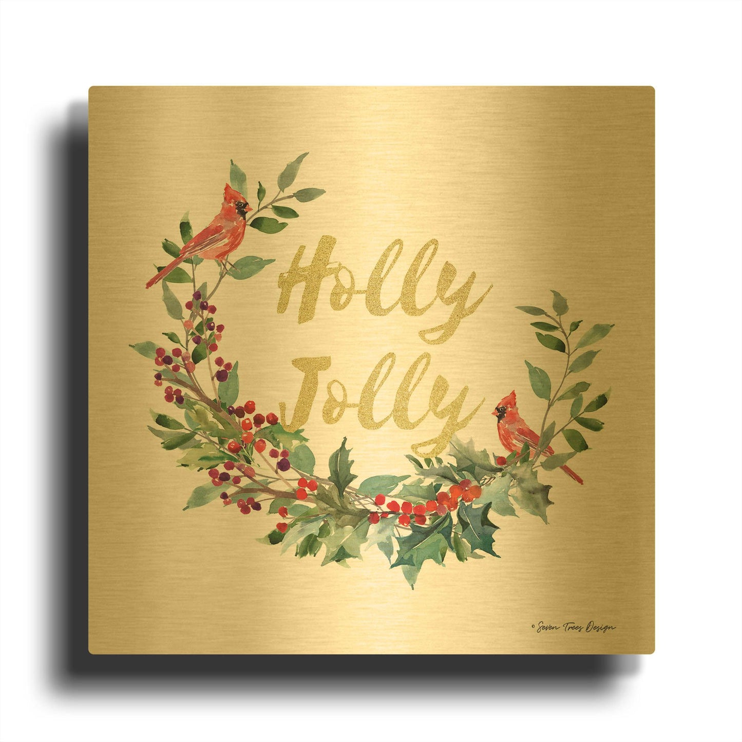 'Holly Jolly Cardinal Wreath' By Seven Trees Design Gold Metal Wall Art