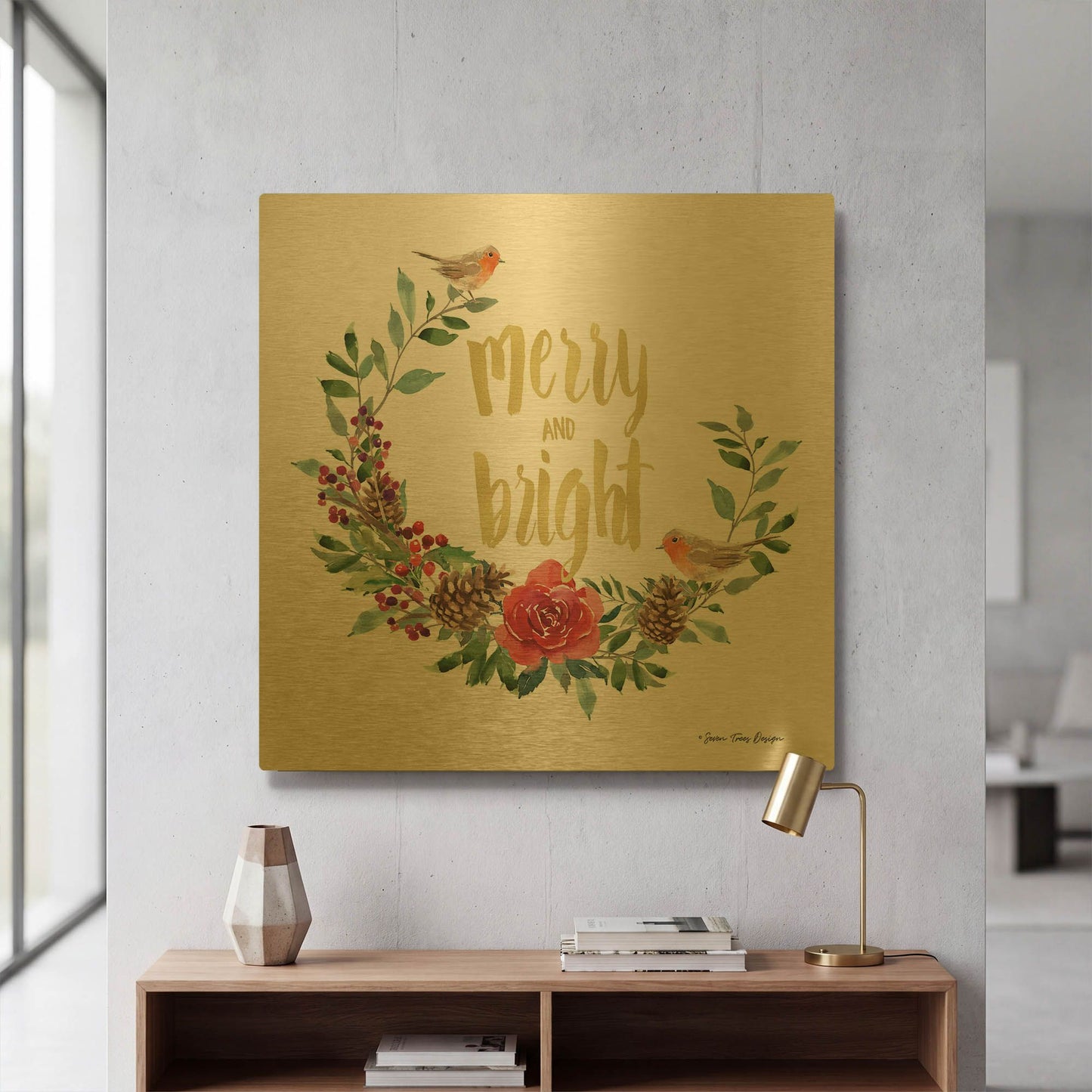 'Merry and Bright Robin Wreath' By Seven Trees Design Gold Metal Wall Art