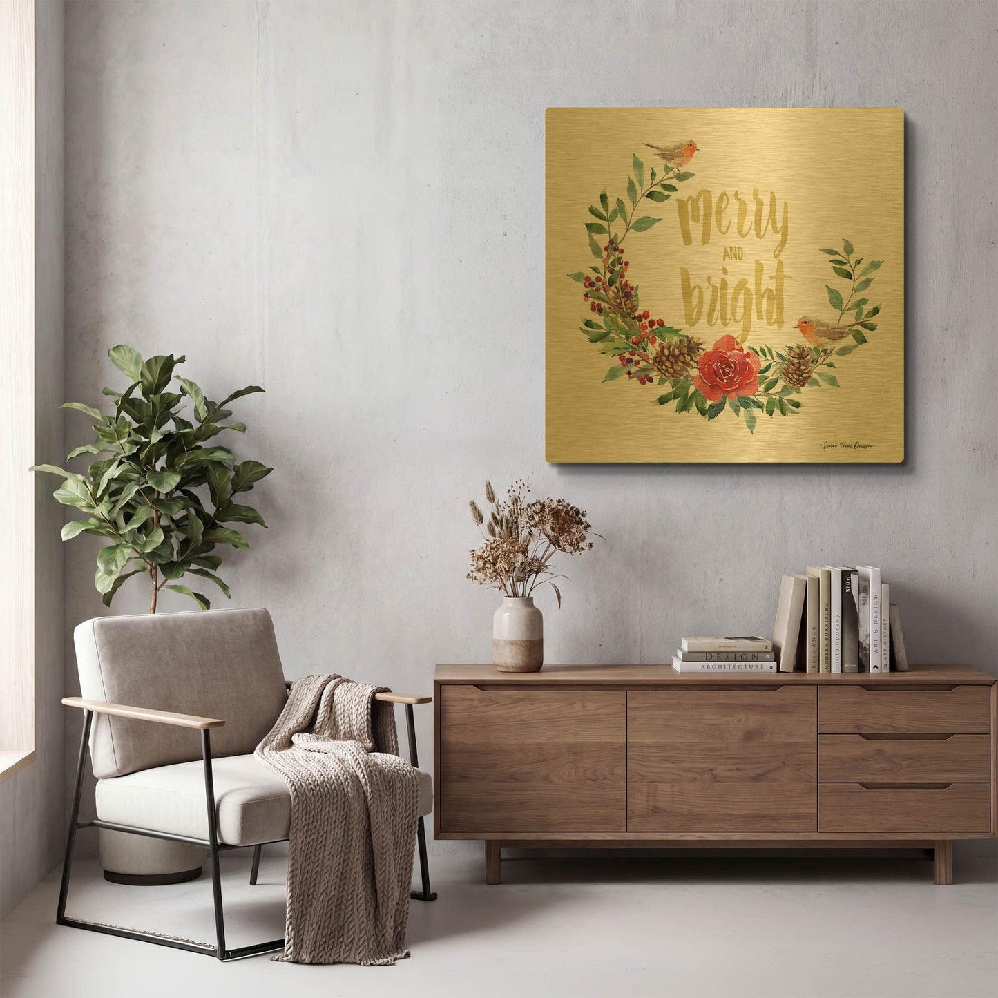 'Merry and Bright Robin Wreath' By Seven Trees Design Gold Metal Wall Art