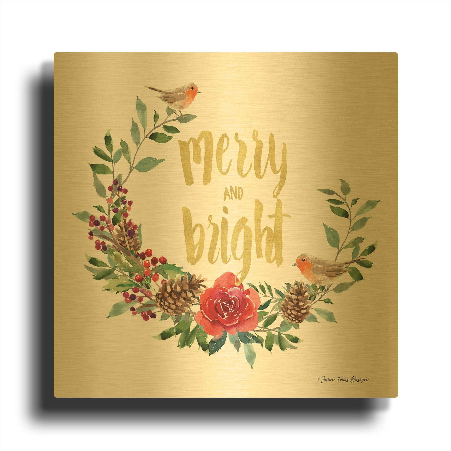 'Merry and Bright Robin Wreath' By Seven Trees Design Gold Metal Wall Art