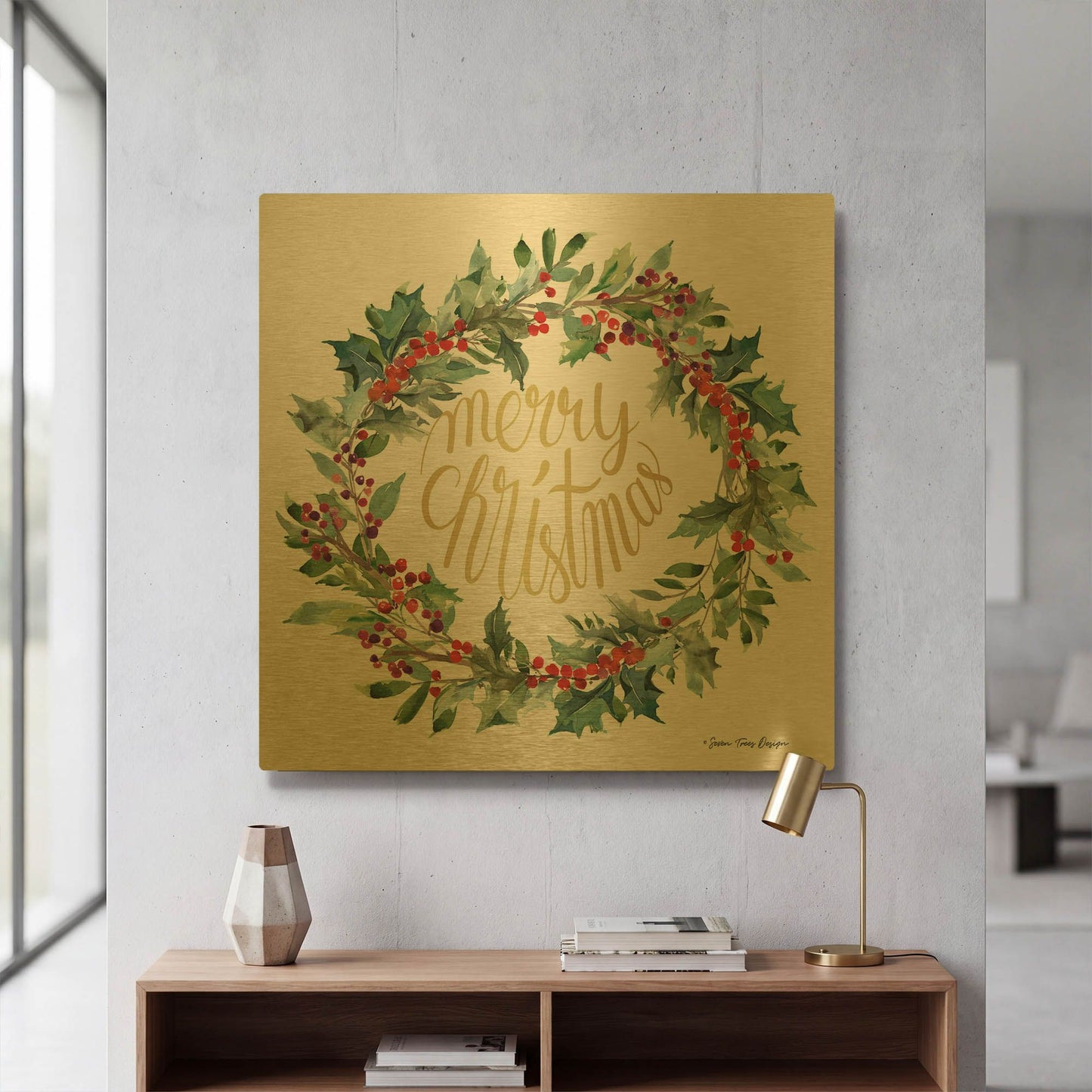 'Merry Christmas Holly Wreath' By Seven Trees Design Gold Metal Wall Art