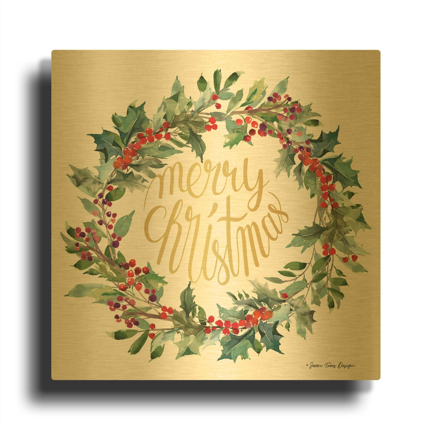 'Merry Christmas Holly Wreath' By Seven Trees Design Gold Metal Wall Art