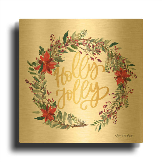'Holly Jolly Poinsettia Wreath' By Seven Trees Design Gold Metal Wall Art