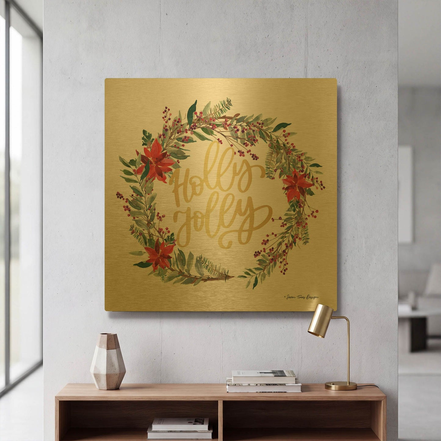 'Holly Jolly Poinsettia Wreath' By Seven Trees Design Gold Metal Wall Art
