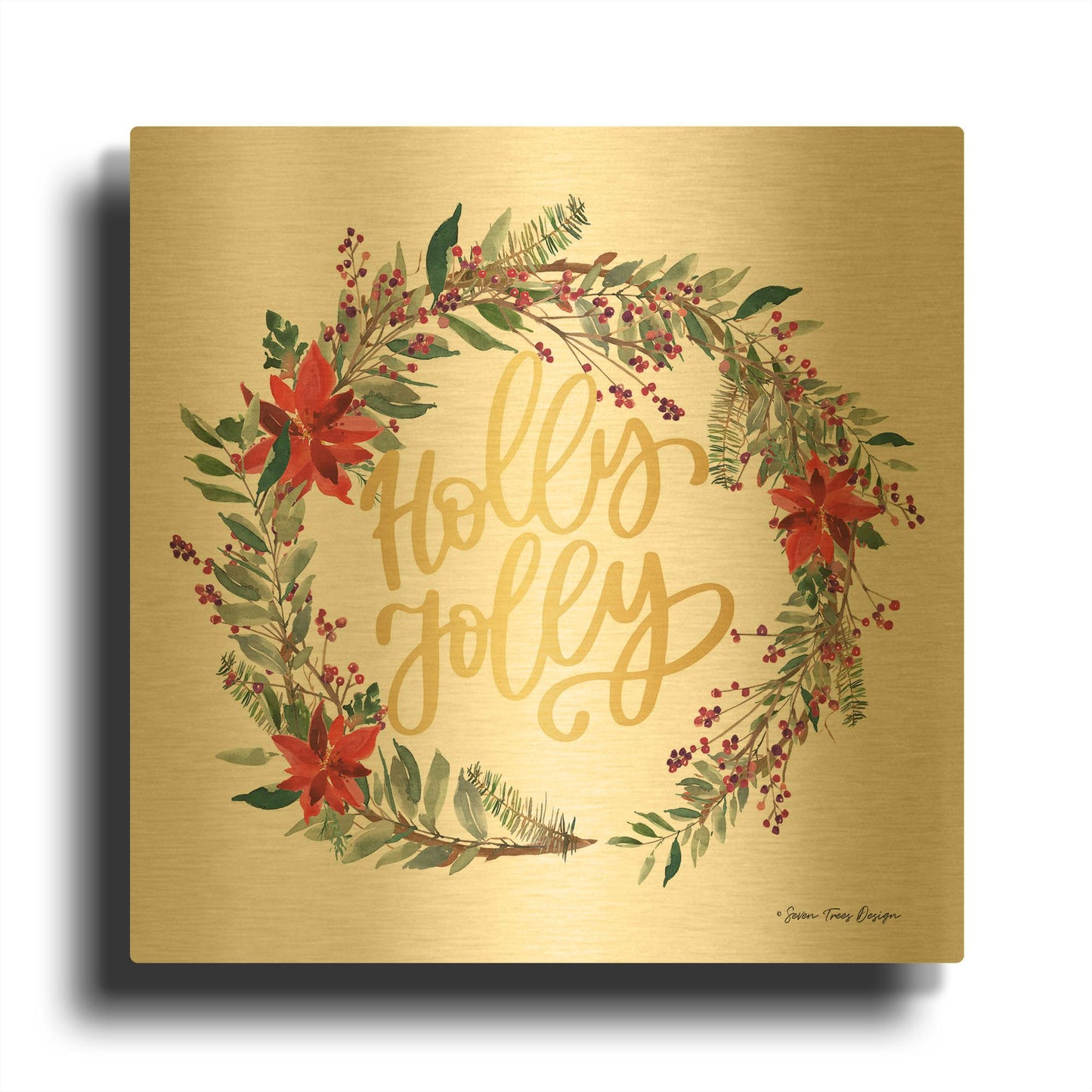 'Holly Jolly Poinsettia Wreath' By Seven Trees Design Gold Metal Wall Art