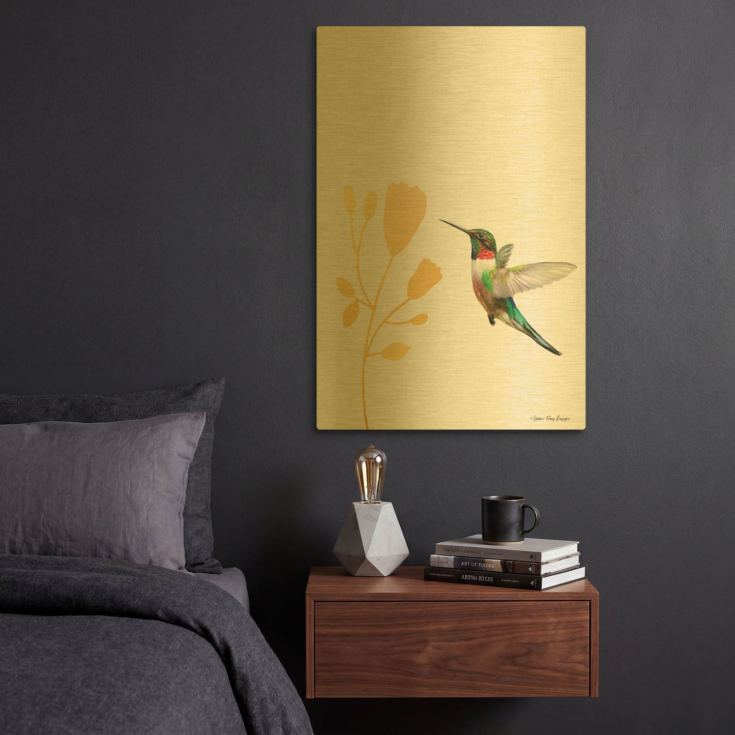 'Hummingbird and the Flower' By Seven Trees Design Gold Metal Wall Art