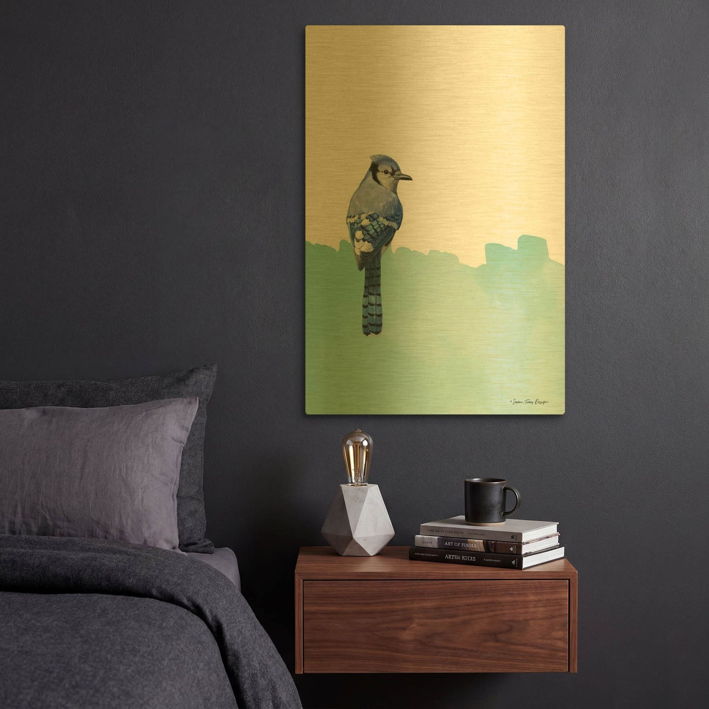'Bird on Blue' By Seven Trees Design Gold Metal Wall Art