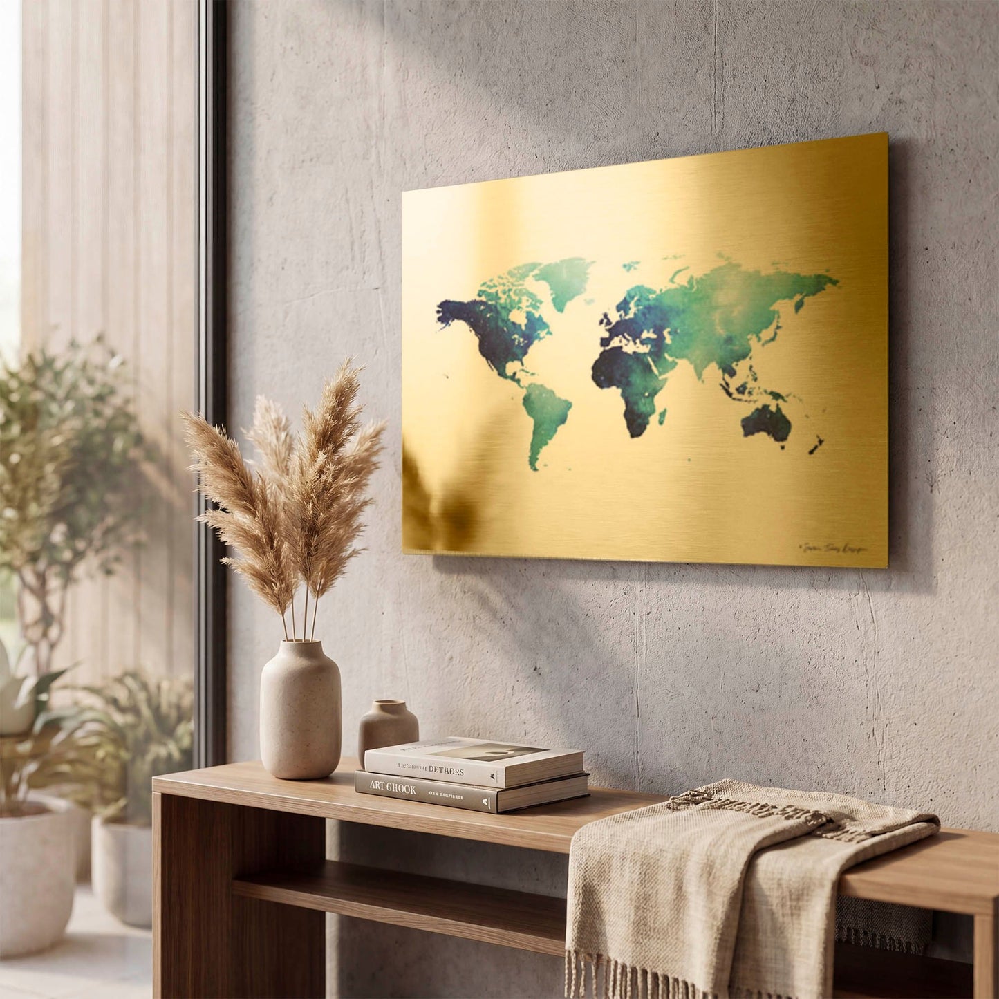 'Blue Space World Map' By Seven Trees Design Gold Metal Wall Art