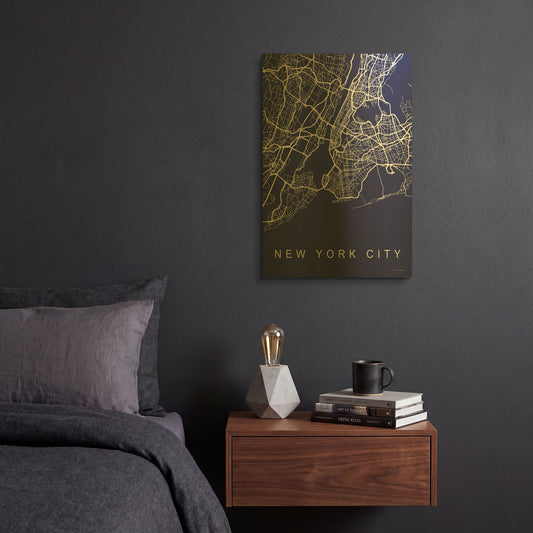 'NYC Street Blue Map' By Seven Trees Design Gold Metal Wall Art