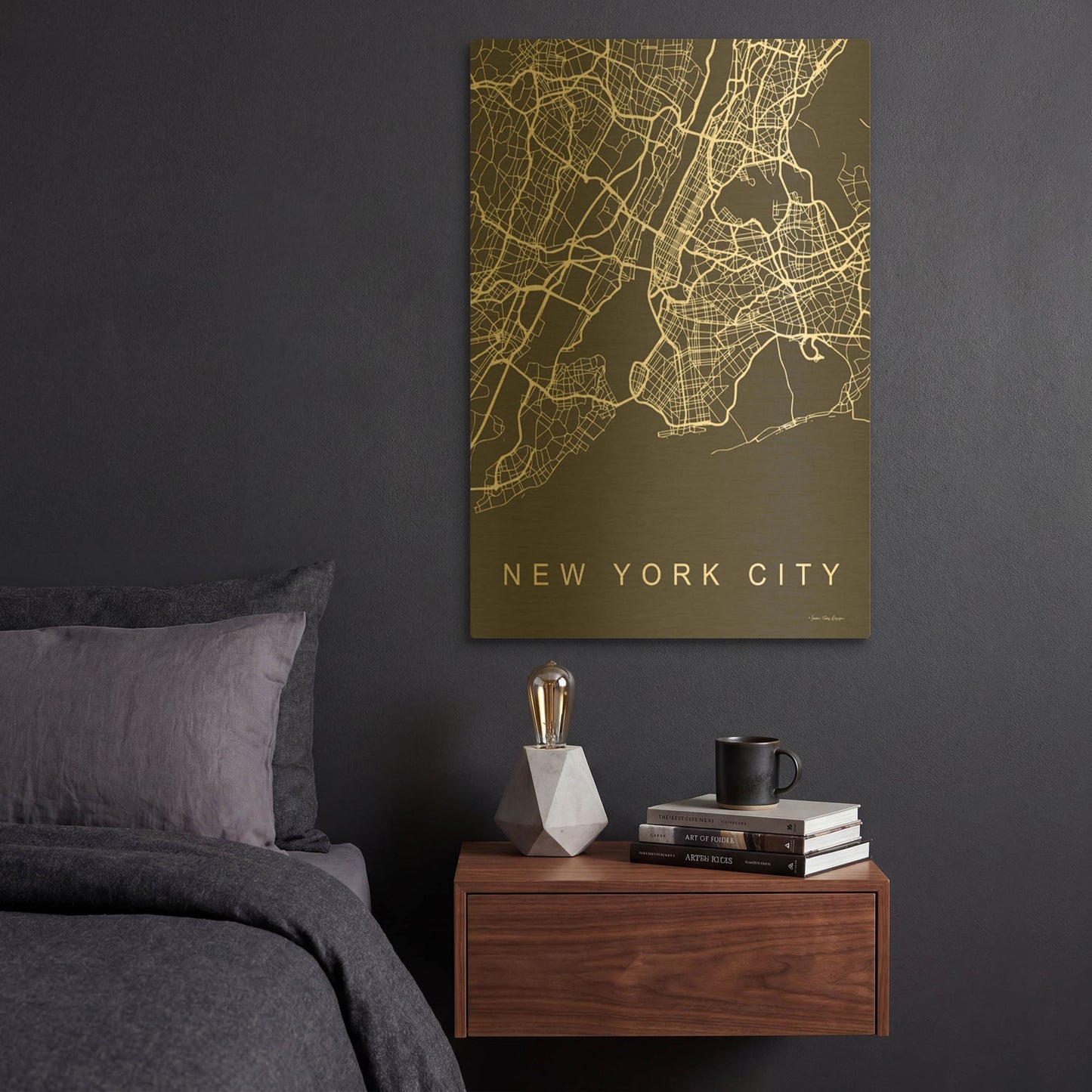 'NYC Grey Map' By Seven Trees Design Gold Metal Wall Art