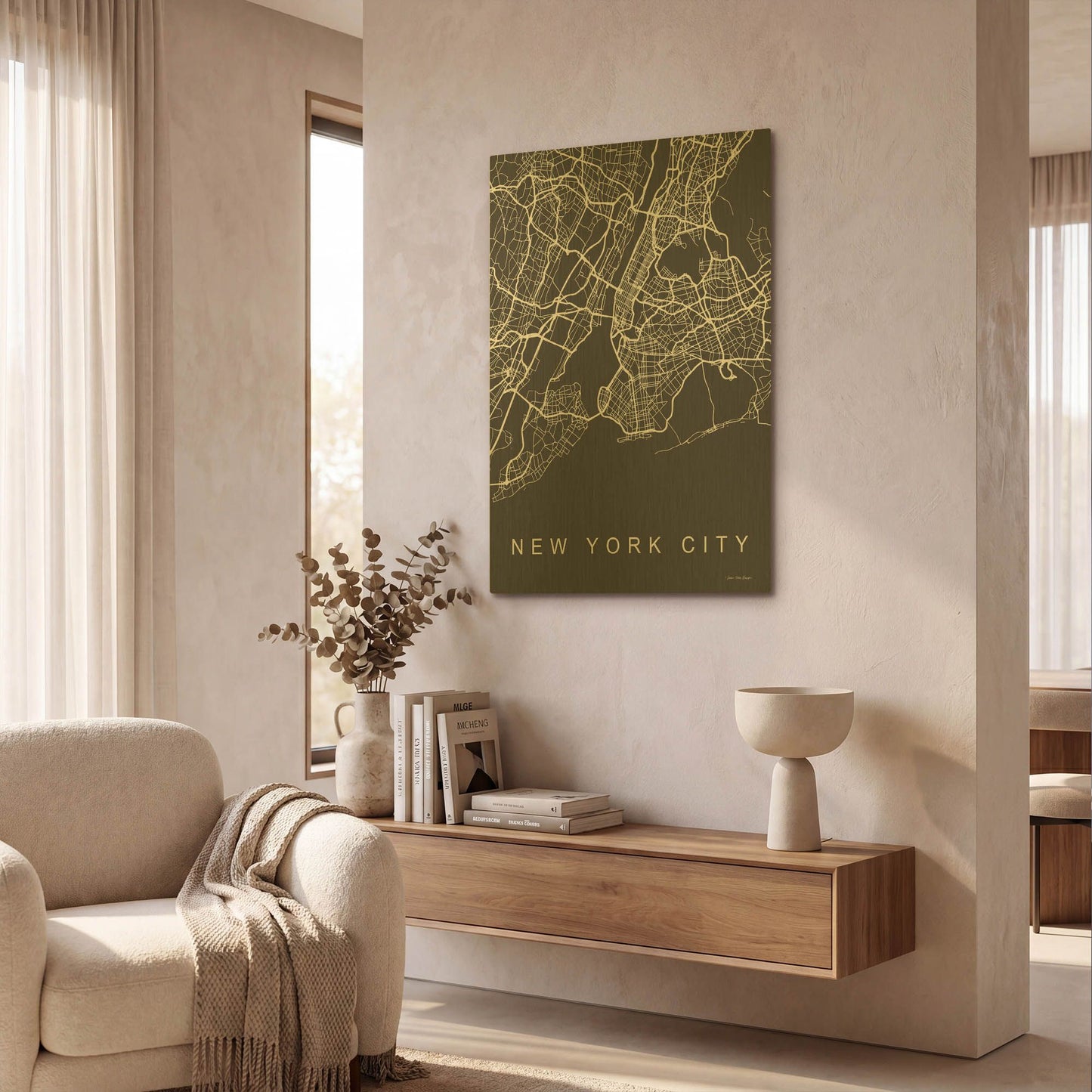 'NYC Grey Map' By Seven Trees Design Gold Metal Wall Art