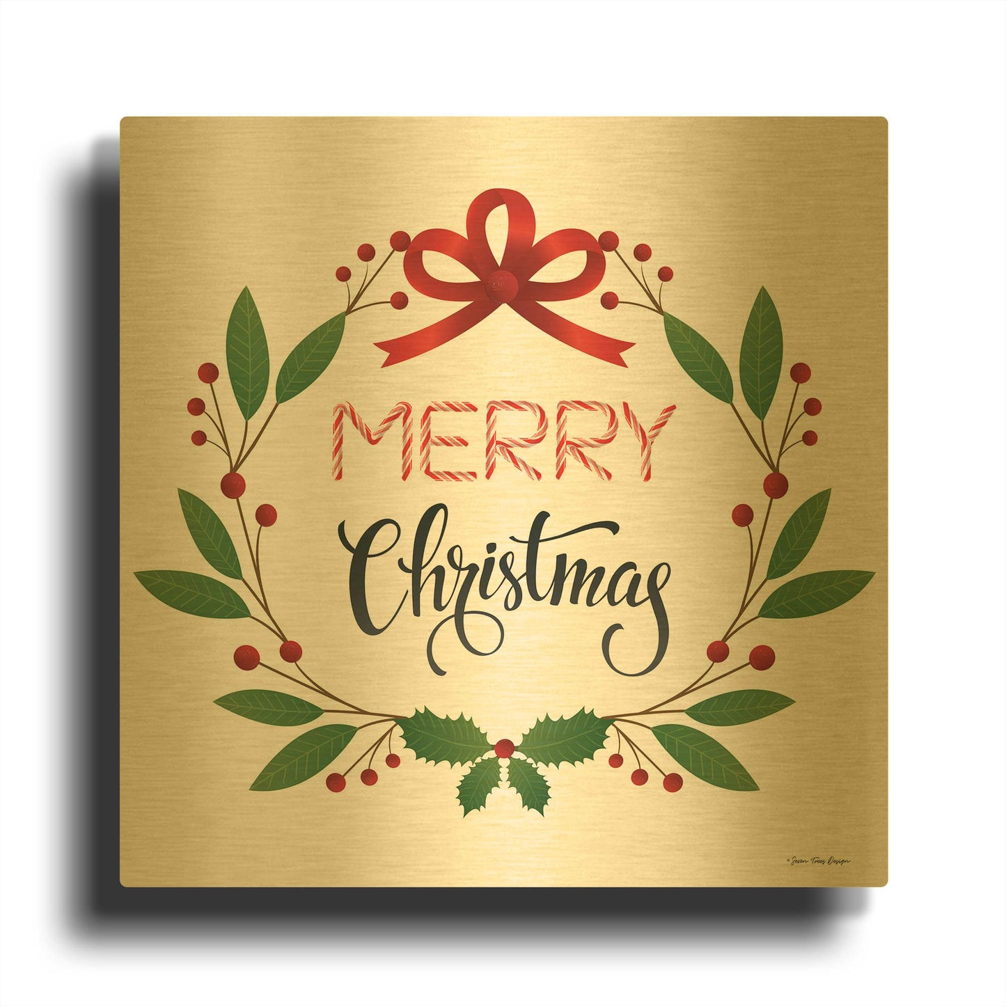 'Merry Christmas Wreath 2' By Seven Trees Design Gold Metal Wall Art