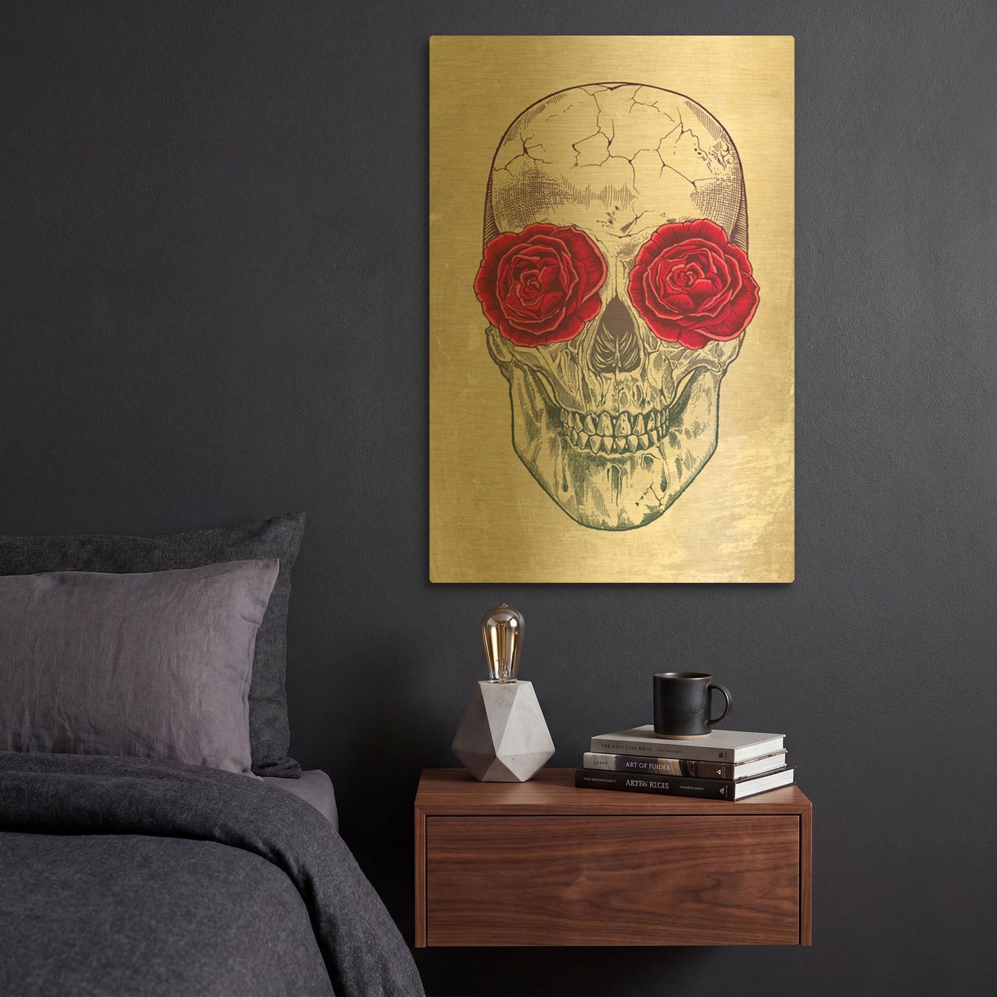 'Skull & Roses' By Rachel Caldwell Gold Metal Wall Art