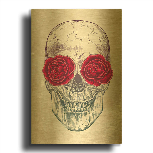 'Skull & Roses' By Rachel Caldwell Gold Metal Wall Art