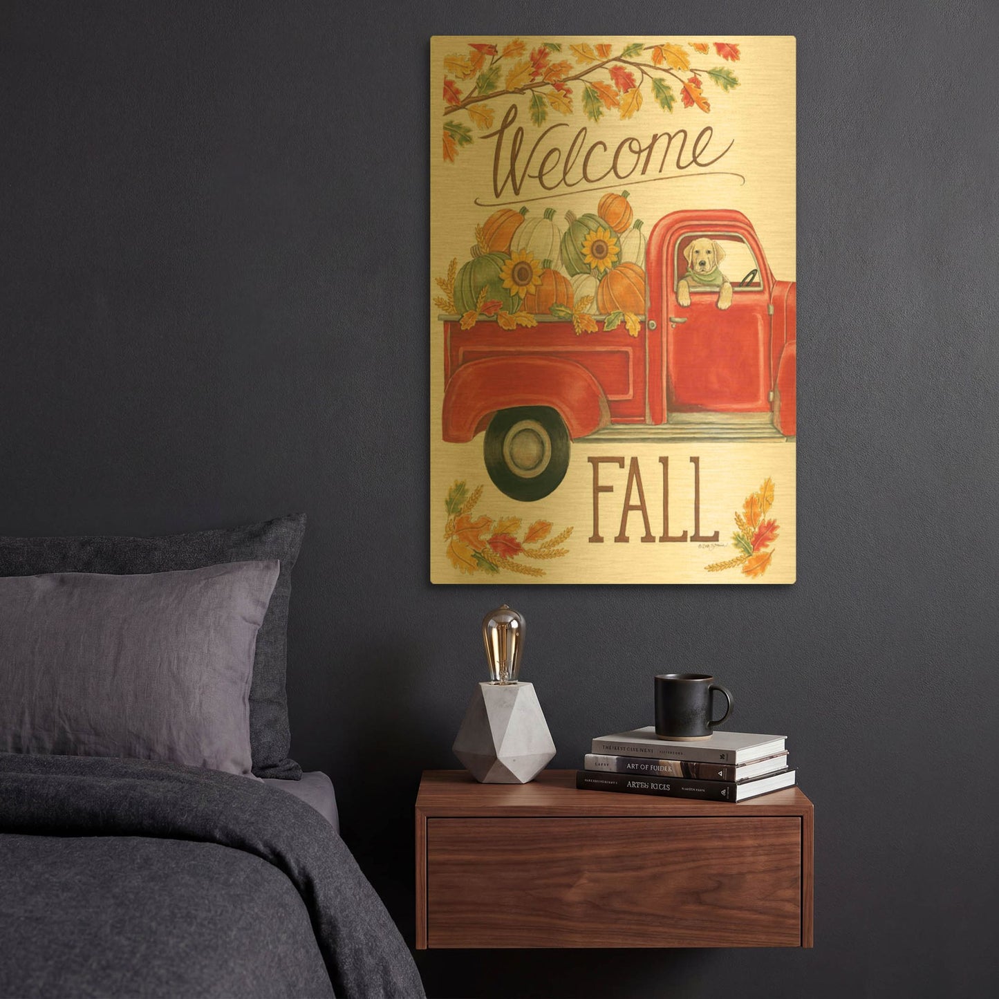 'Fall Truck & Lab' By Deb Strain Gold Metal Wall Art