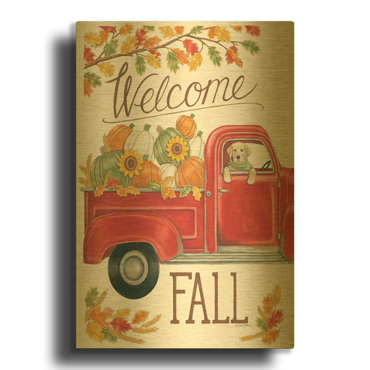 'Fall Truck & Lab' By Deb Strain Gold Metal Wall Art
