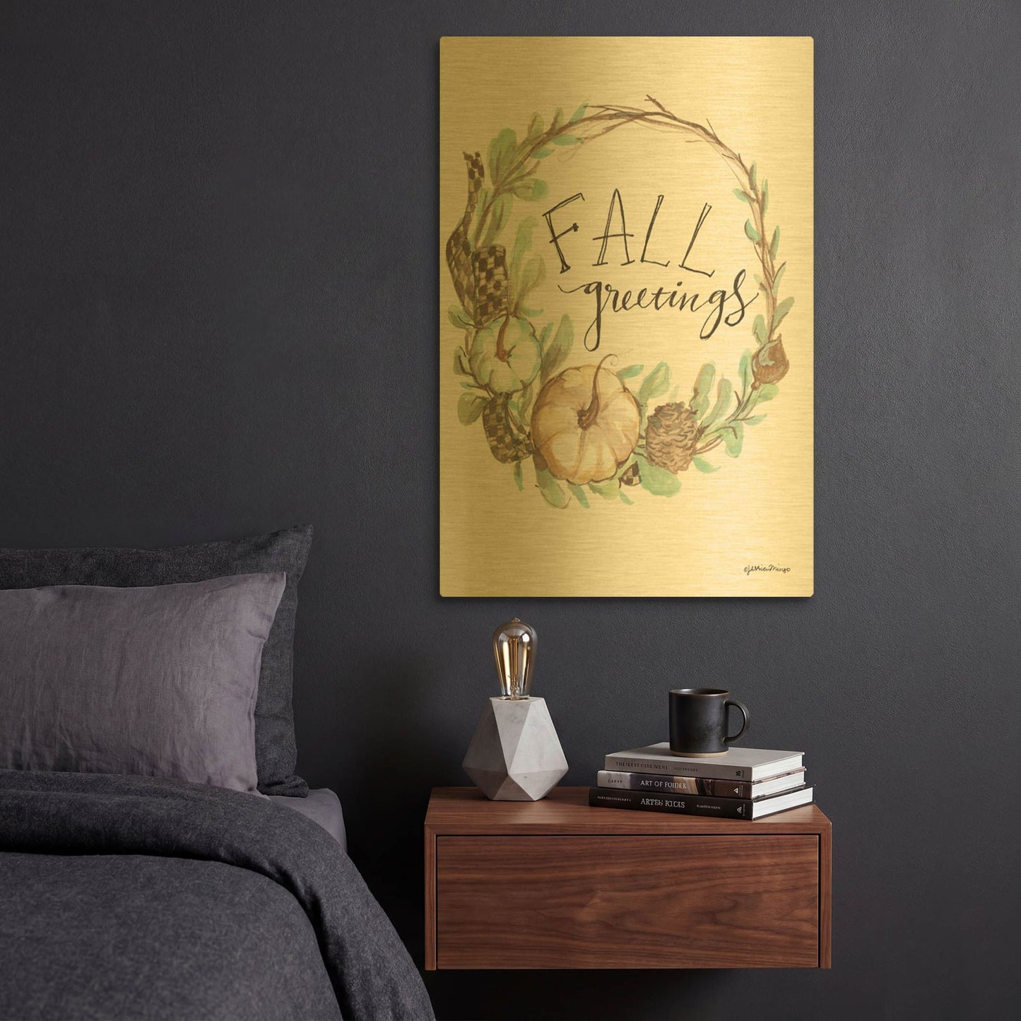 'Fall Greetings' By Jessica Mingo Gold Metal Wall Art