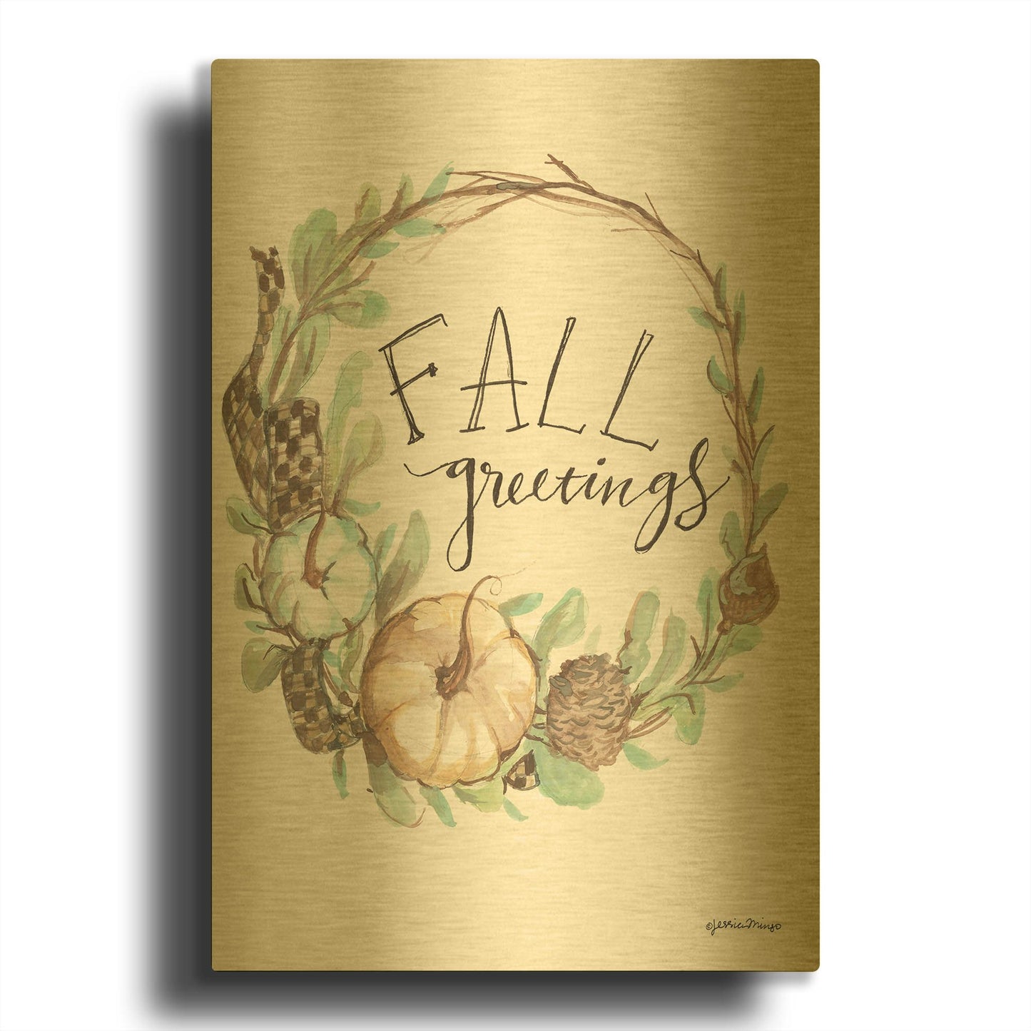 'Fall Greetings' By Jessica Mingo Gold Metal Wall Art