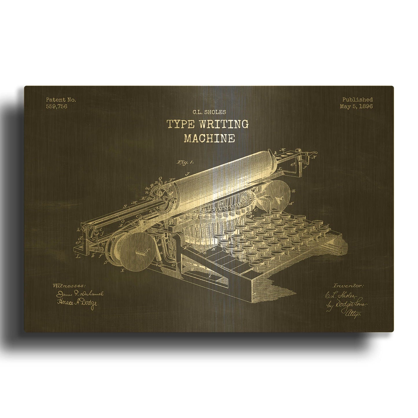 'Type Writing Machine Blueprint Patent Chalkboard' By LUXE Gold Metal Wall Art