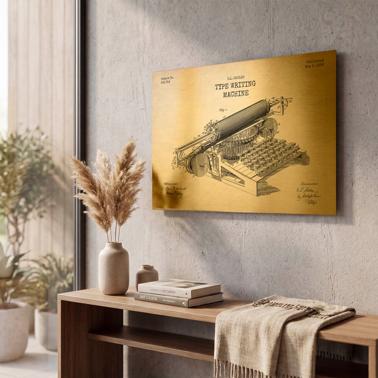 'Type Writing Machine Blueprint Patent Parchment' By LUXE Gold Metal Wall Art