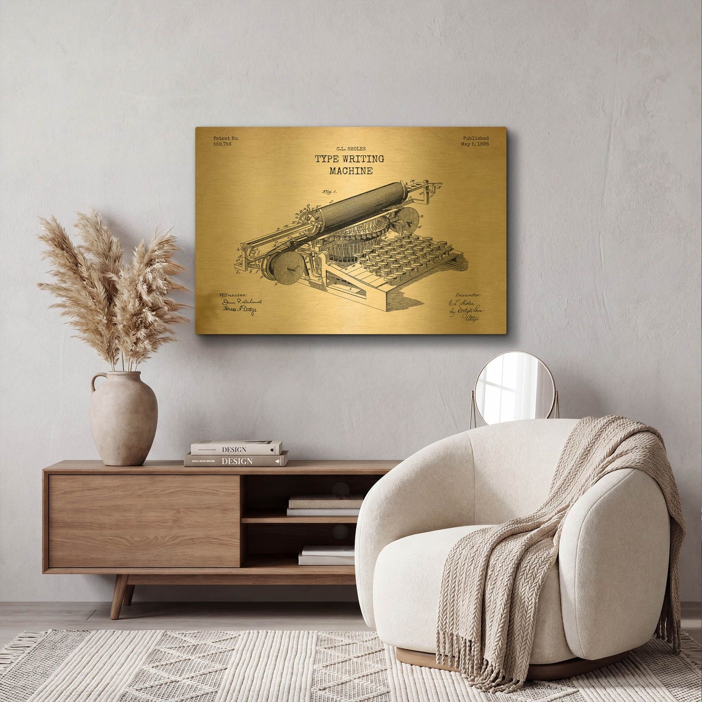 'Type Writing Machine Blueprint Patent Parchment' By LUXE Gold Metal Wall Art