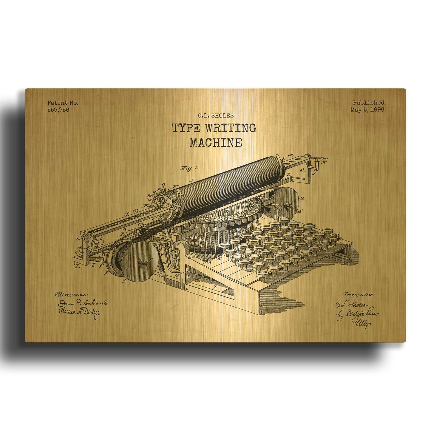 'Type Writing Machine Blueprint Patent Parchment' By LUXE Gold Metal Wall Art