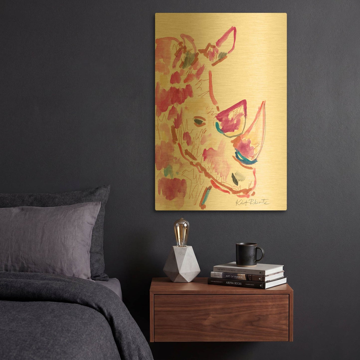 'Rainbow the Rhino' By Kait Roberts Gold Metal Wall Art