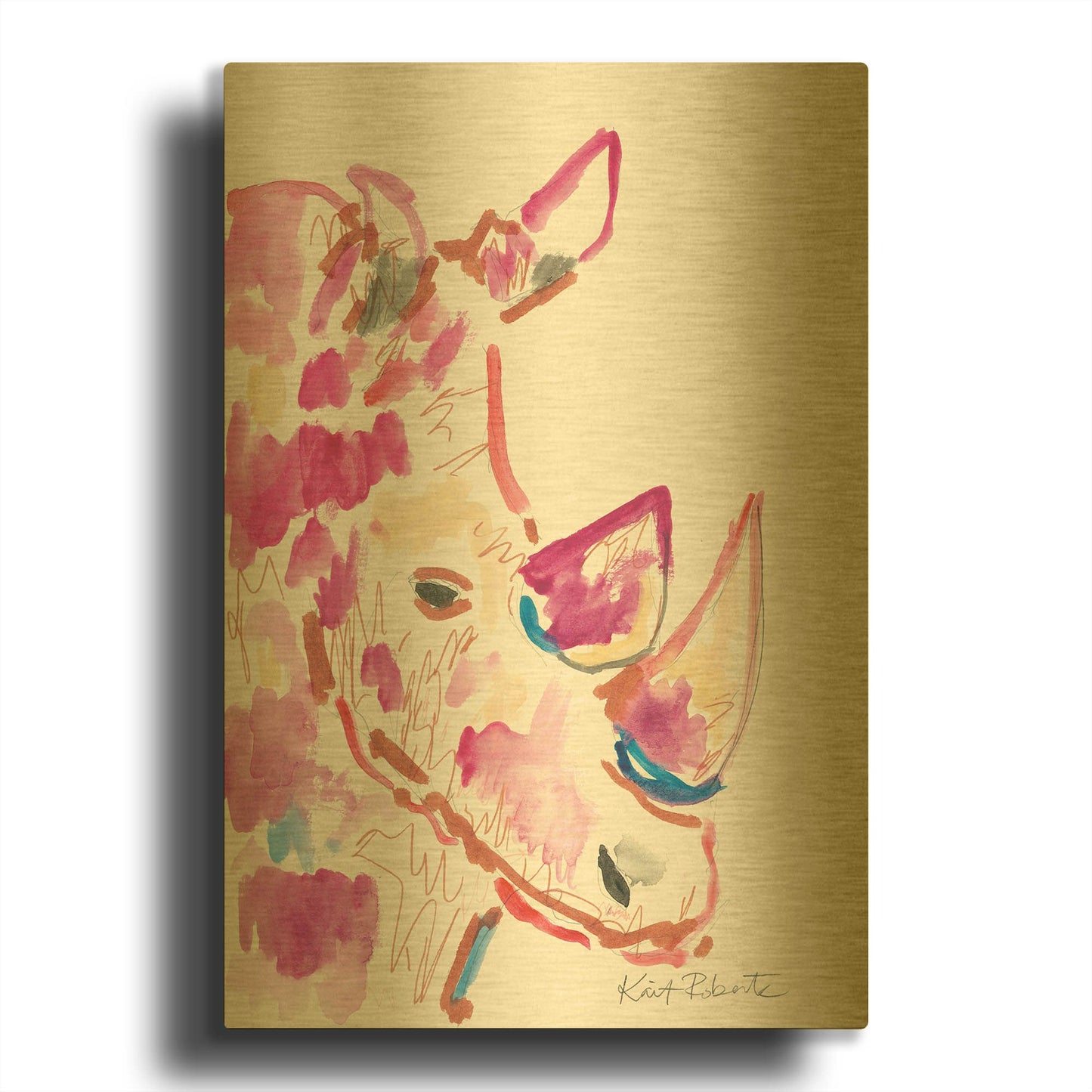 'Rainbow the Rhino' By Kait Roberts Gold Metal Wall Art