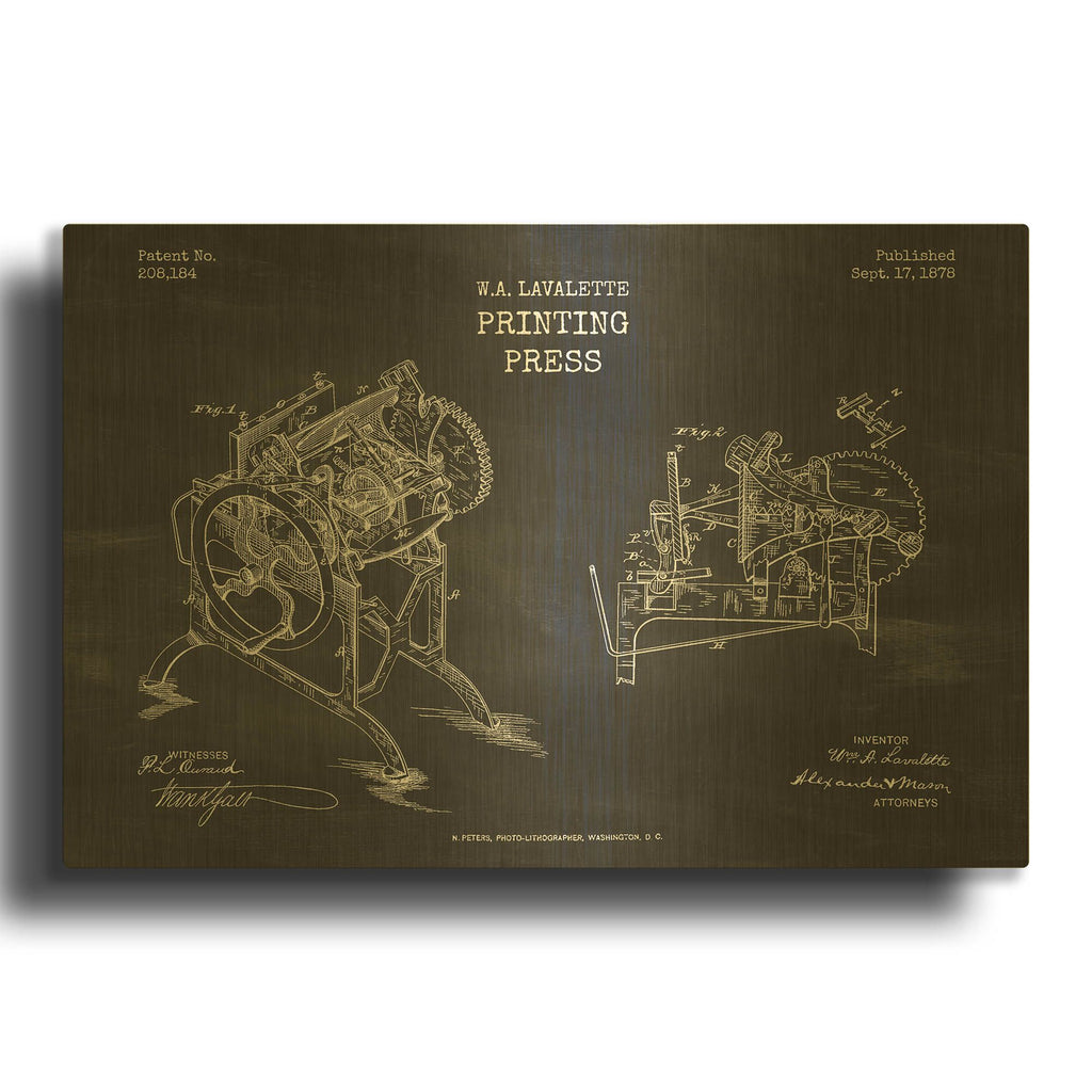 'Printing Press Blueprint Patent Chalkboard' By LUXE Gold Metal Wall Art