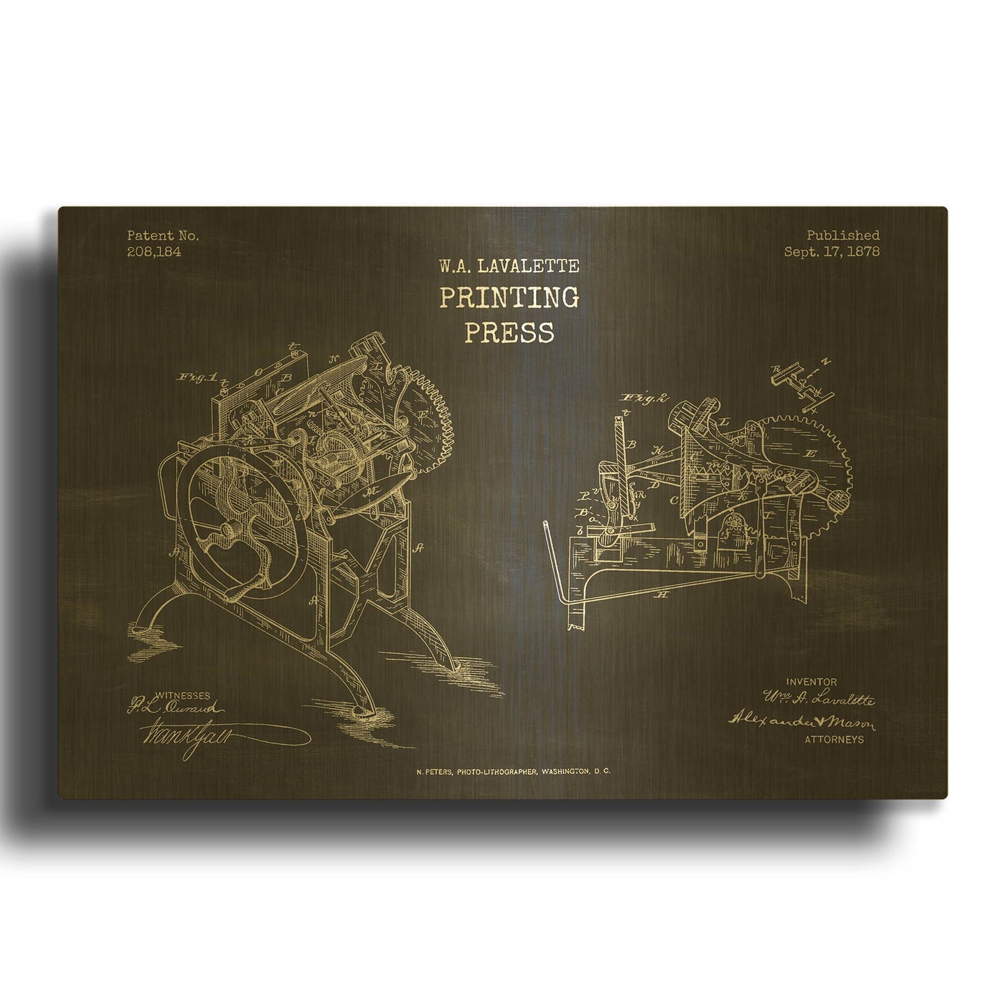 'Printing Press Blueprint Patent Chalkboard' By LUXE Gold Metal Wall Art