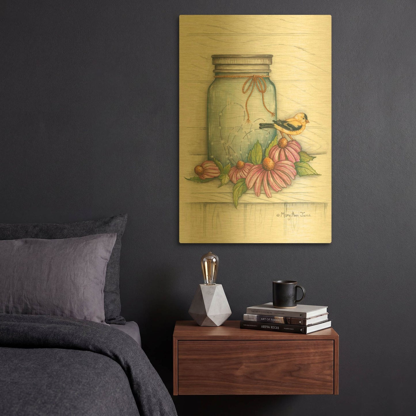 'Goldfinch and Flowers' By Mary Ann June Gold Metal Wall Art